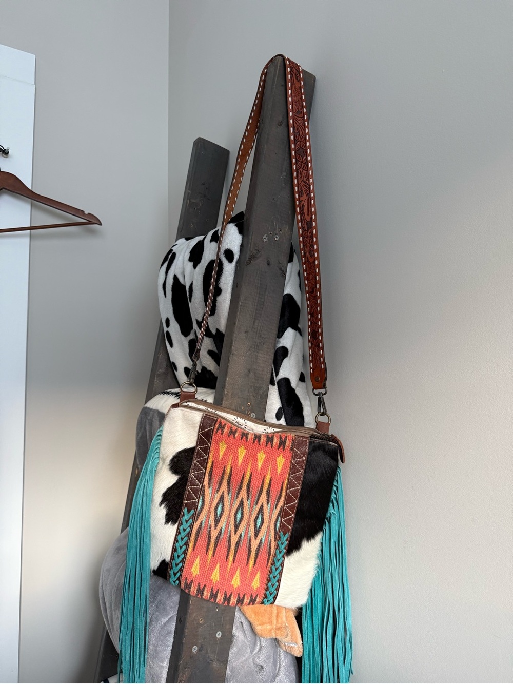 Southwestern Pattern Turquoise Fringe Crossbody Bag